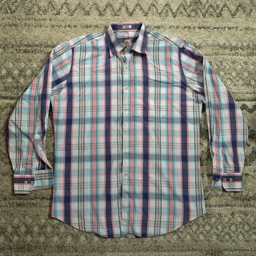 Peter Millar Pink & Blue Plaid Button Down Shirt Large
